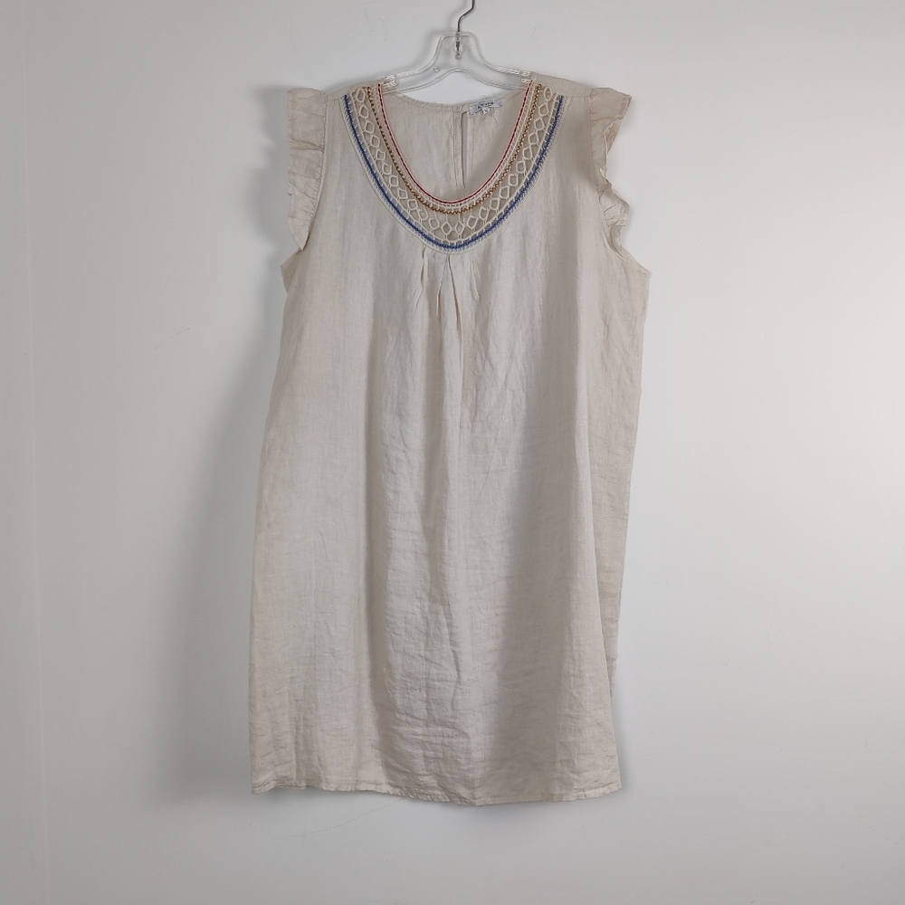 Rosemarie Italian Linen Sleeveless Dress with Embroidered Neckline Natural Beige
